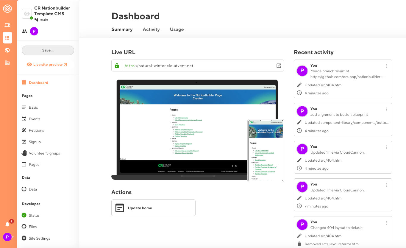 Screenshot of the cloudcannon dashboard Cloudcannon Dashboard