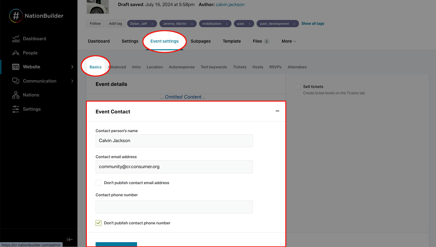 Event Contact Settings Screenshot