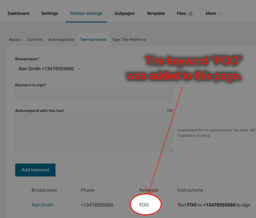 Text Keyword setting Text Keyword setting