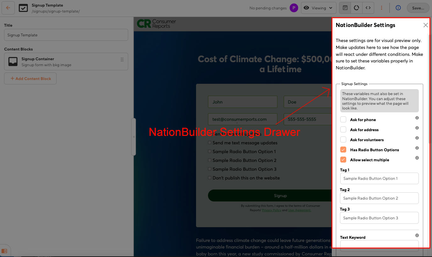 The NationBuilder settings panel
