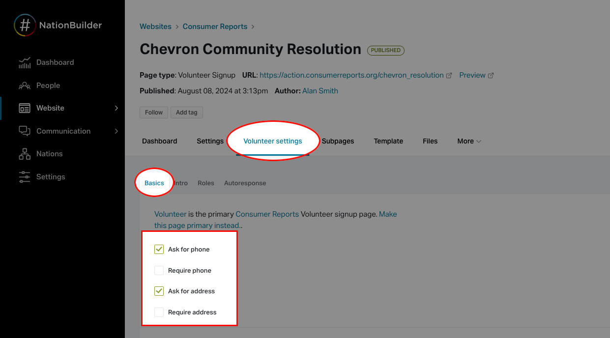 Volunteer Signup Configuration Screenshot